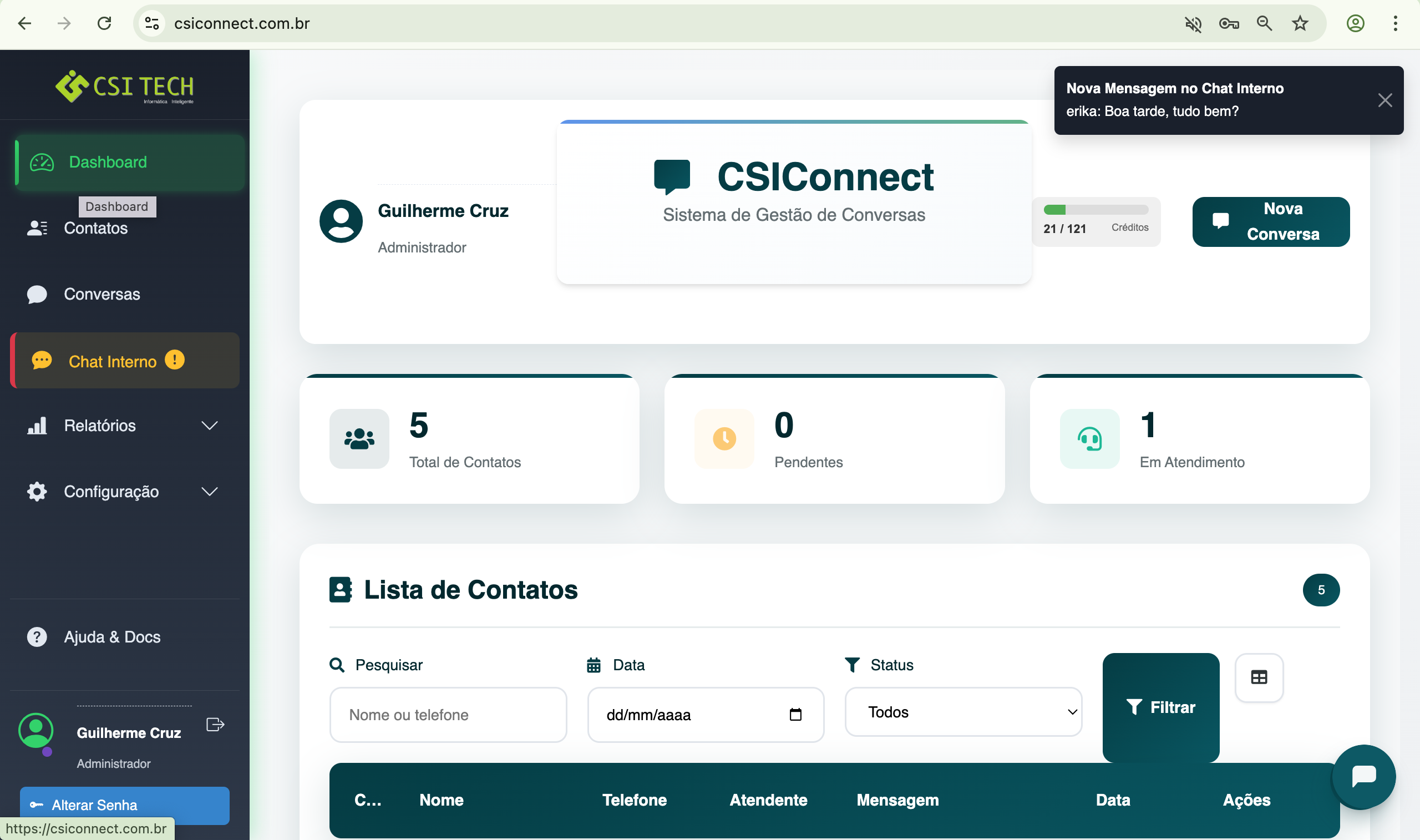 Menu do sistema com alerta amarelo para nova mensagem