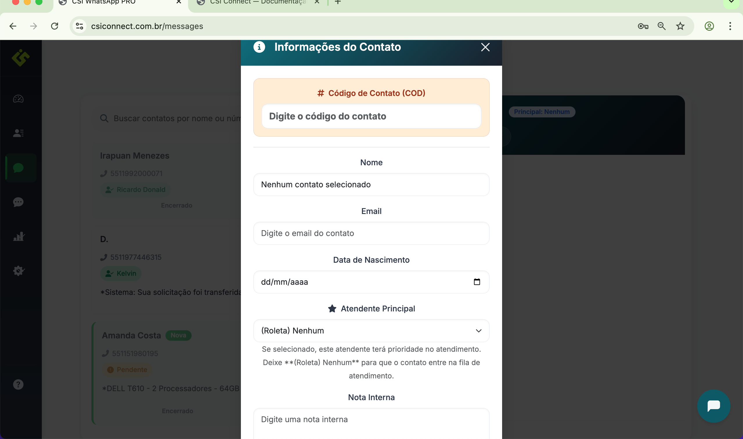 Tela de informações detalhadas do cliente