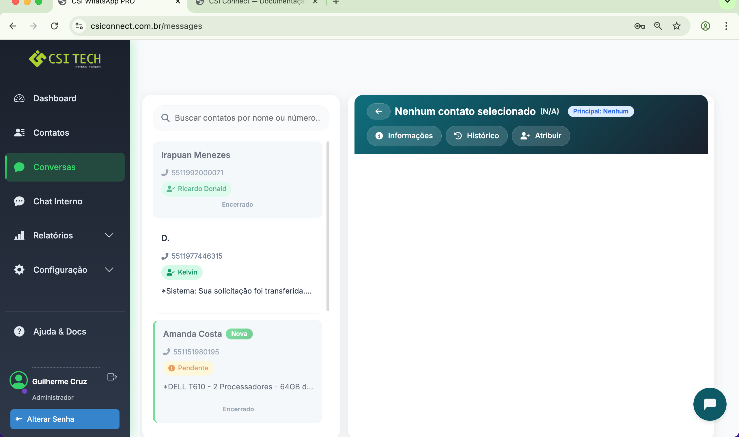 Tela de Conversas do atendente