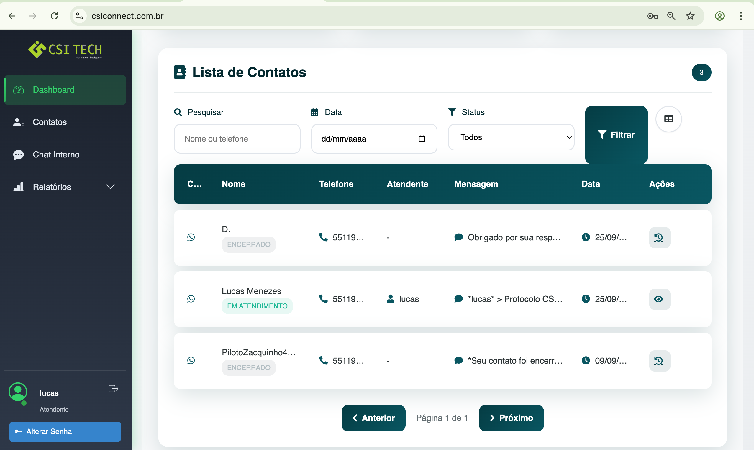 Lista de Contatos no Dashboard