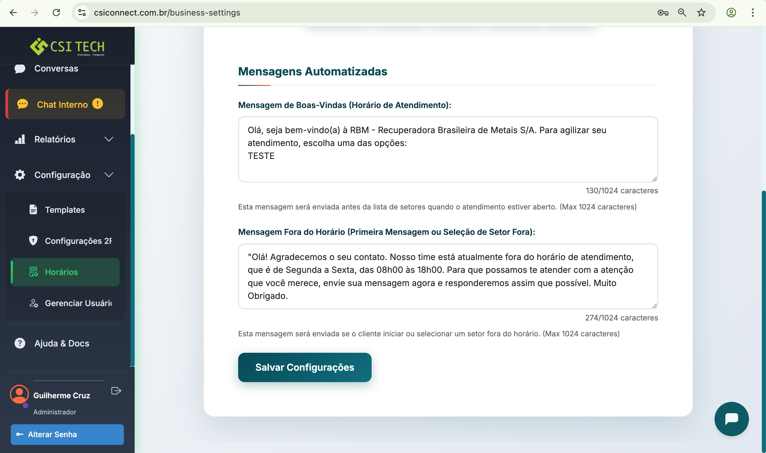 Configuração de Mensagens Automáticas de Horários
