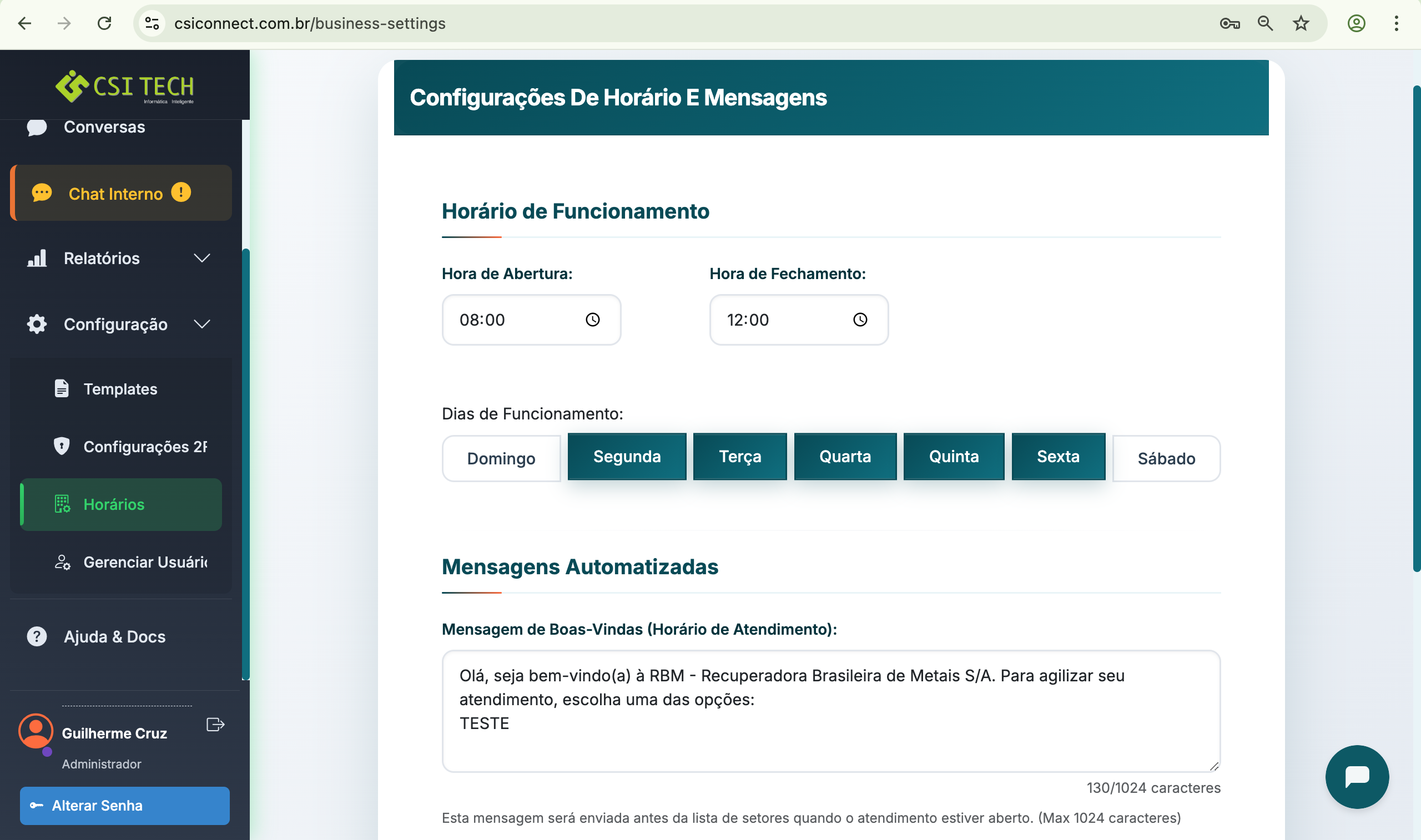 Tela de Configuração de Horários