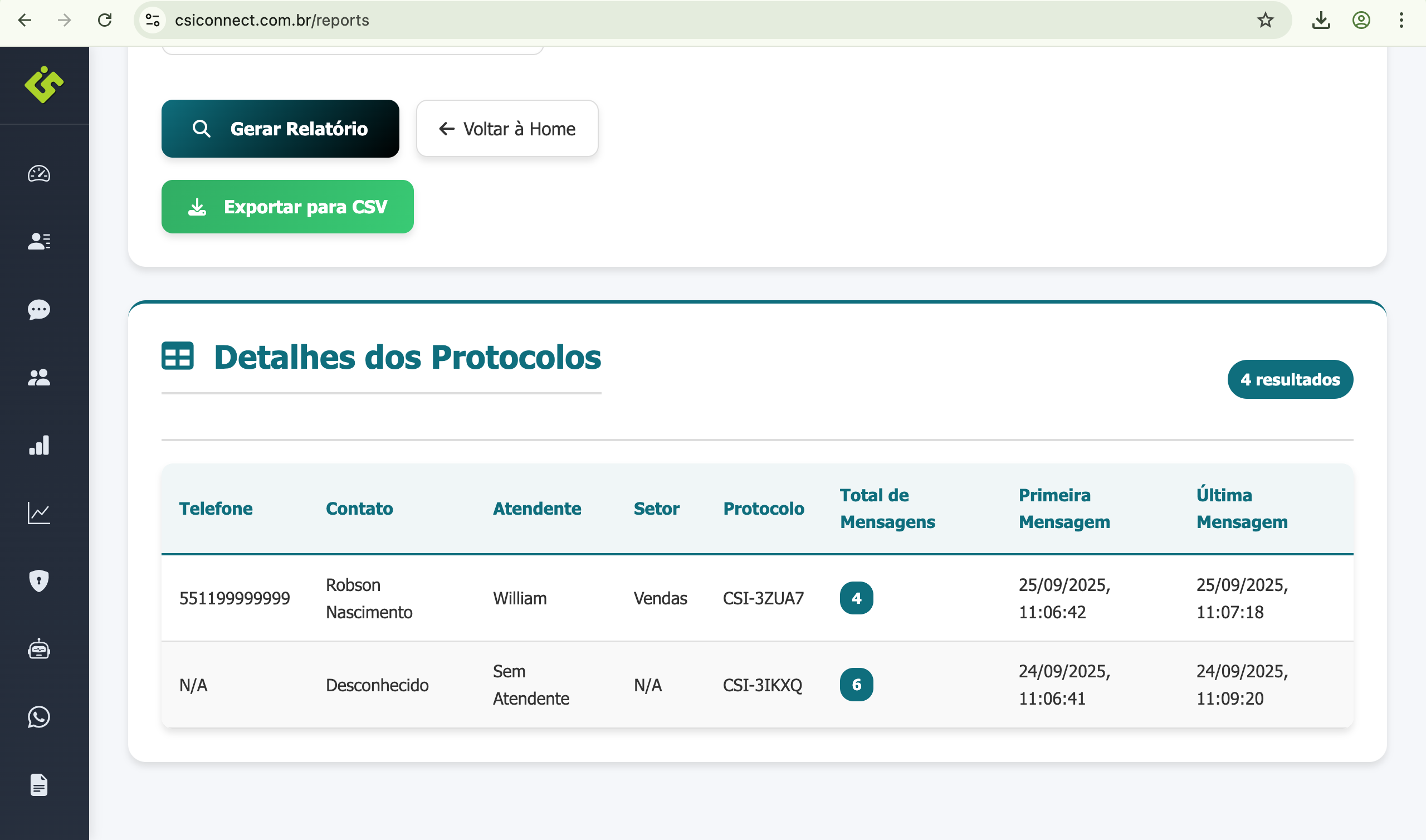Exemplo de resultados do relatório de protocolos